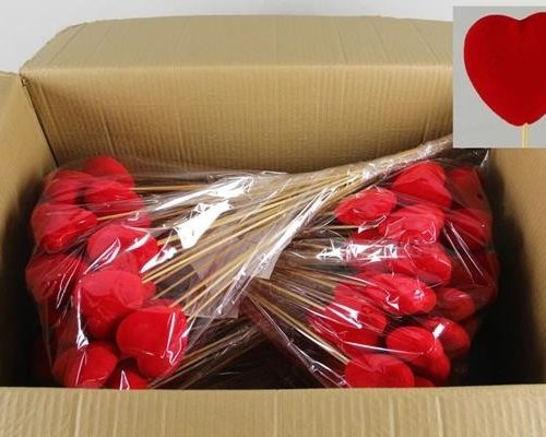 Stick Heart Flock Red  7,5cm - Decoratiemateriaal (h%)