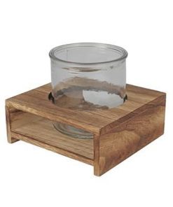 Glas kindu ø10xh10cm + houten plateau 15x15x6cm