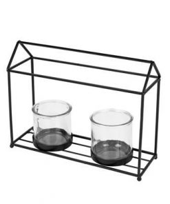 Lantaarn florence metaal zwart + 2 x glas ø8xh8cm