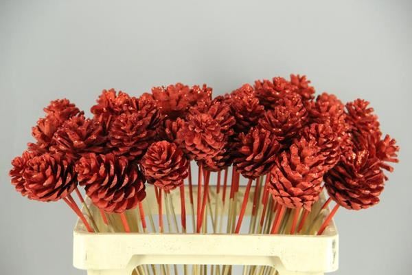 Stick Pine Cone Red+glitter - Dennenappel h% 1 Stick Pine Cone Red+glitter - Dennenappel h%