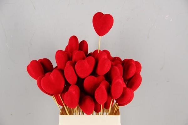 Stick Heart Flock Red 7,5cm - Decoratiemateriaal (h%)